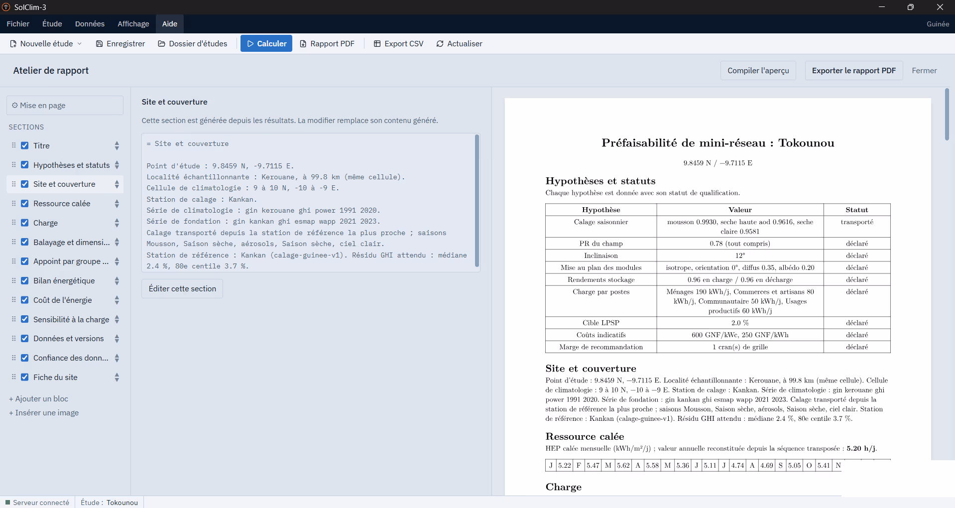 Éditeur de rapport : sections éditables et aperçu PDF composé