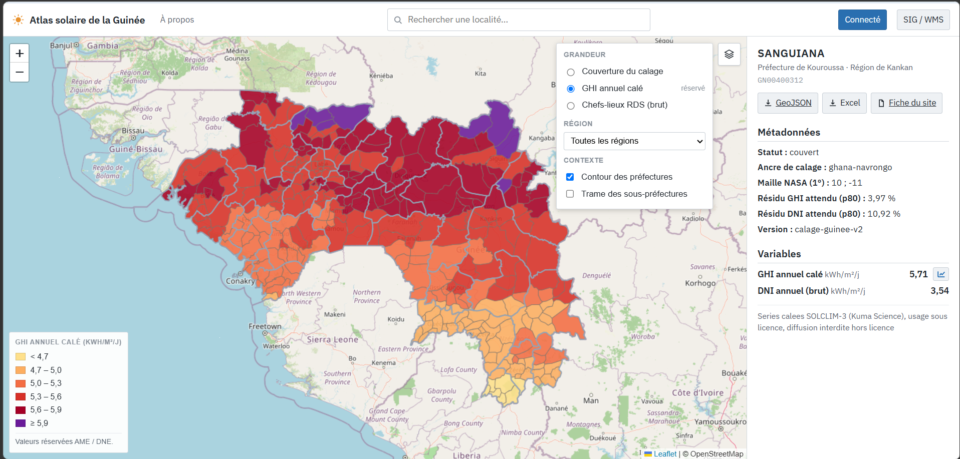 Atlas solaire de la Guinée : irradiation calée cartographiée sur les 340 sous-préfectures