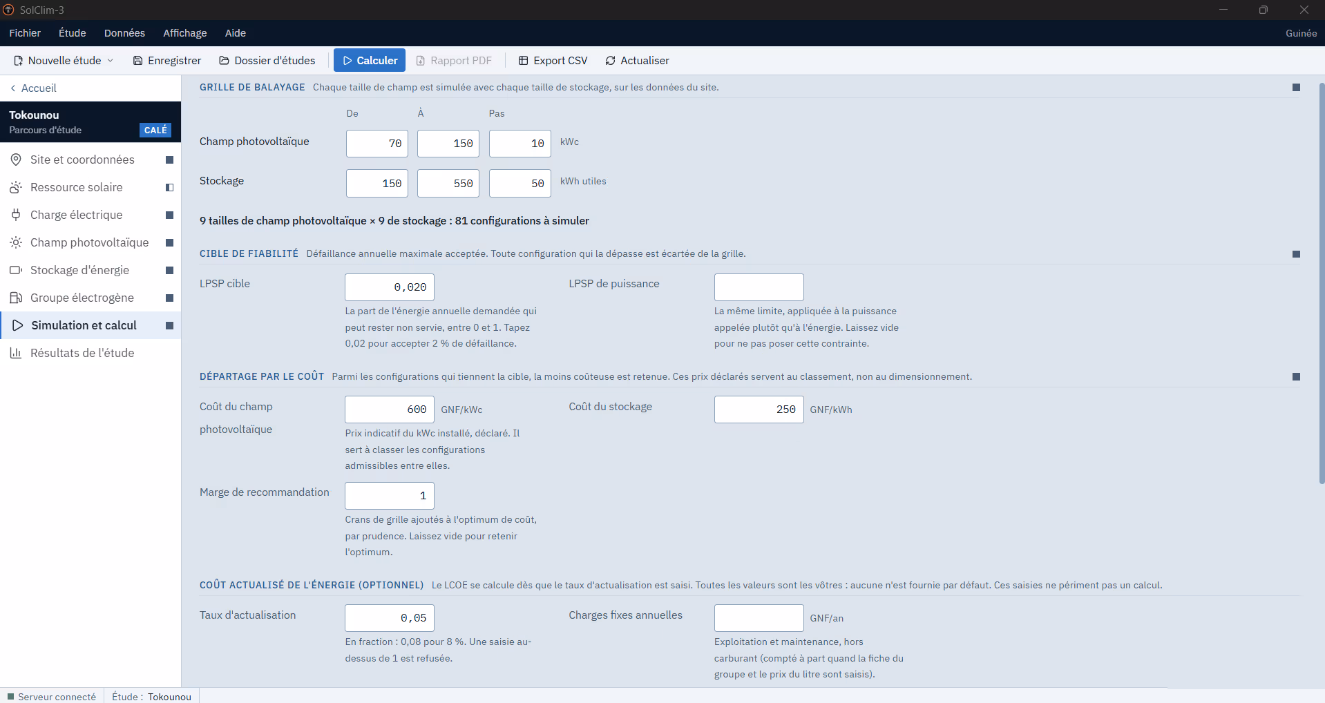 Simulation : grille de balayage, cible de fiabilité, départage par le coût